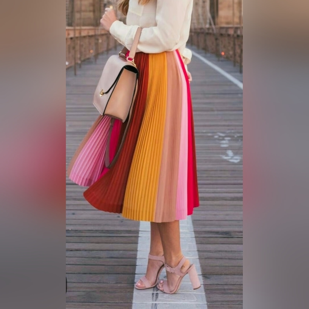 J. Crew Pleated Colorblock Midi Skirt Size XXS Pink Red Yellow Multicolor Lined